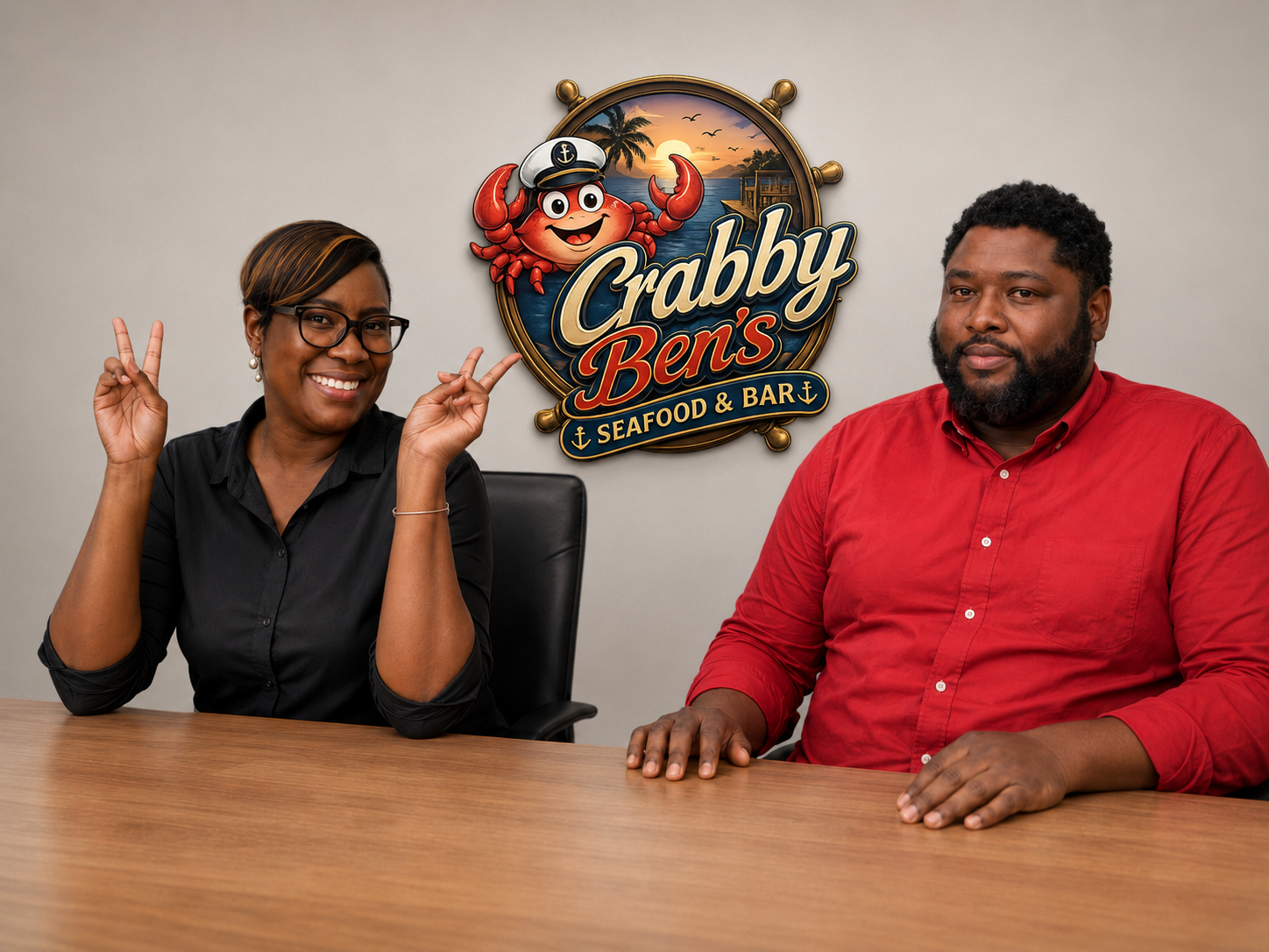 The founders of Crabby Ben's Seafood & Bar seated beneath the restaurant logo