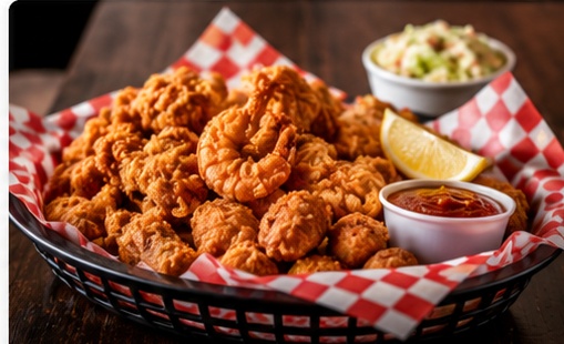Basket of golden fried shrimp with coleslaw and cocktail sauce