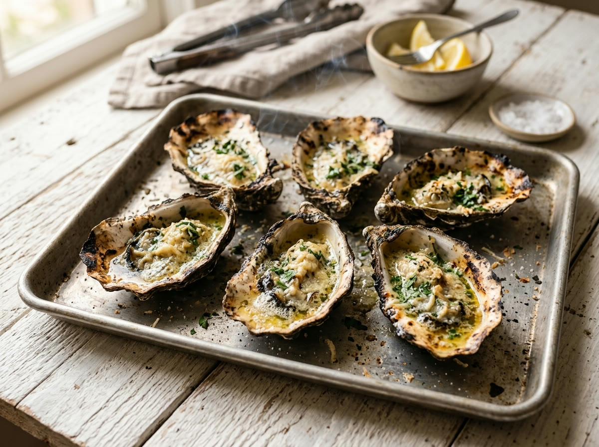 Chargrilled oysters bubbling with garlic butter, parmesan and herbs