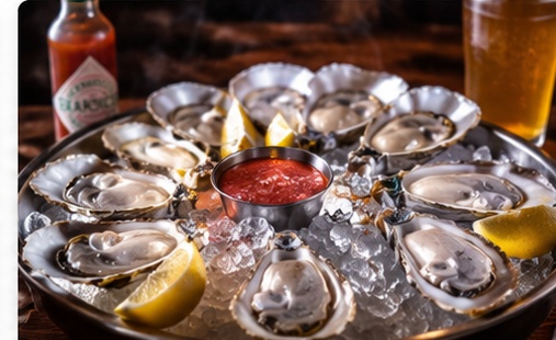 Fresh oysters on the half shell over ice with lemon and cocktail sauce