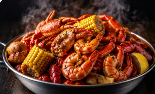 Cajun seafood boil with crab, shrimp, crawfish, corn and potatoes