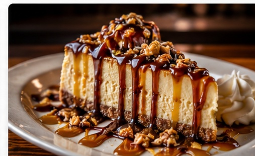 Slice of caramel pecan cheesecake with whipped cream