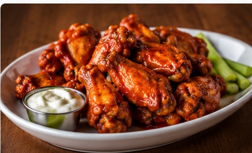 Plate of saucy chicken wings with celery and dipping sauce
